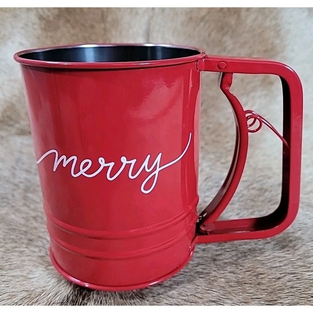 Red Christmas Flour‎ Sifter Squeeze Handle Manual Kitchen Baking Happy Holidays